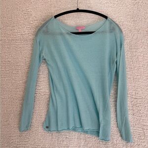 small-Light Blue Long Sleeve Women's Top boat neck linen